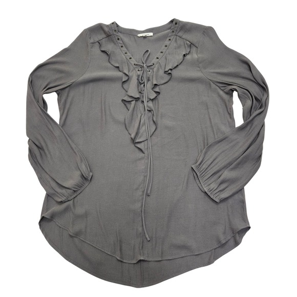 Pleione Tops - Pleione Gray Ruffle Lace Up V-Neck Blouse Long Sleeve High Low Top Large Peasant